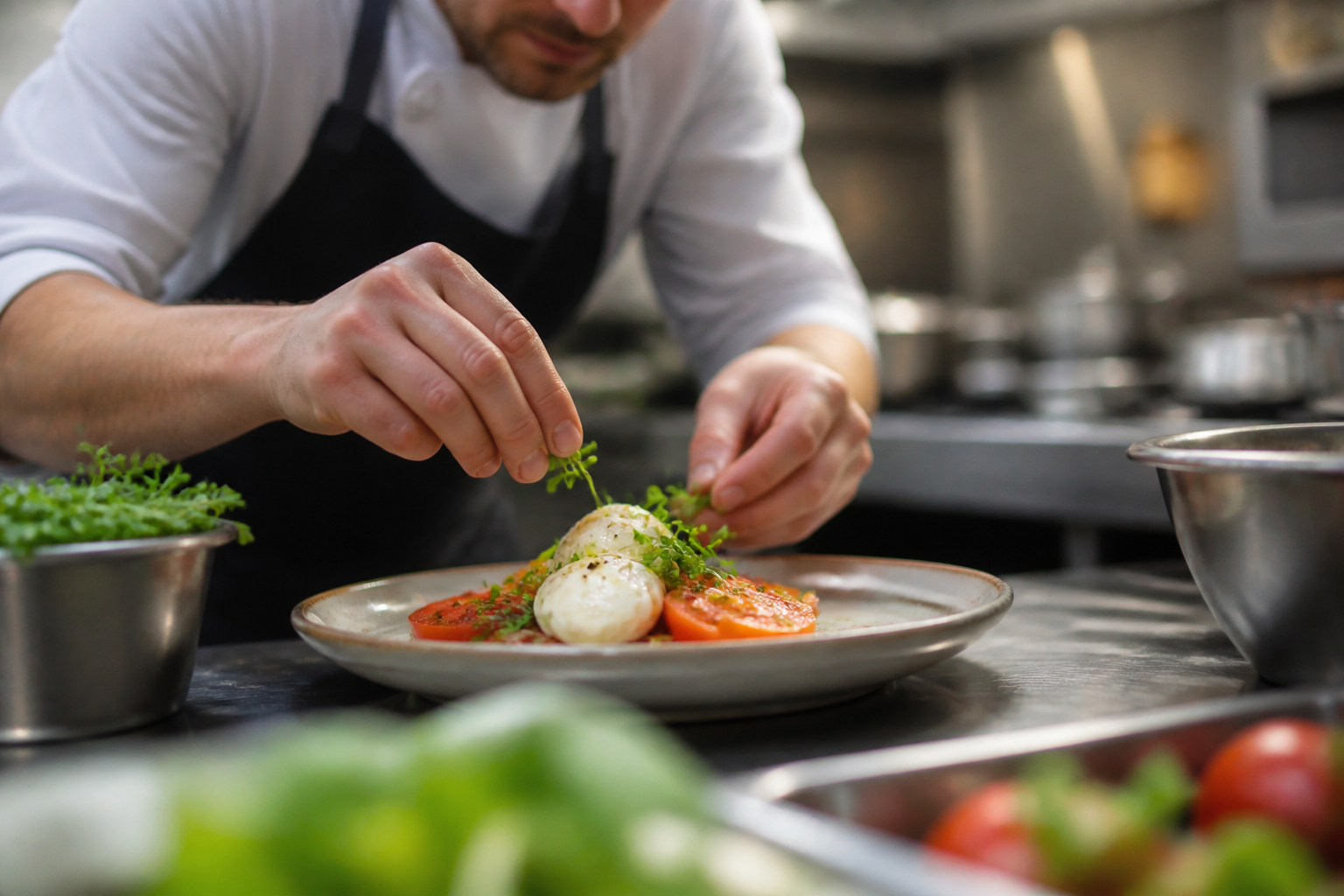 Chef dressant une assiette en cuisine